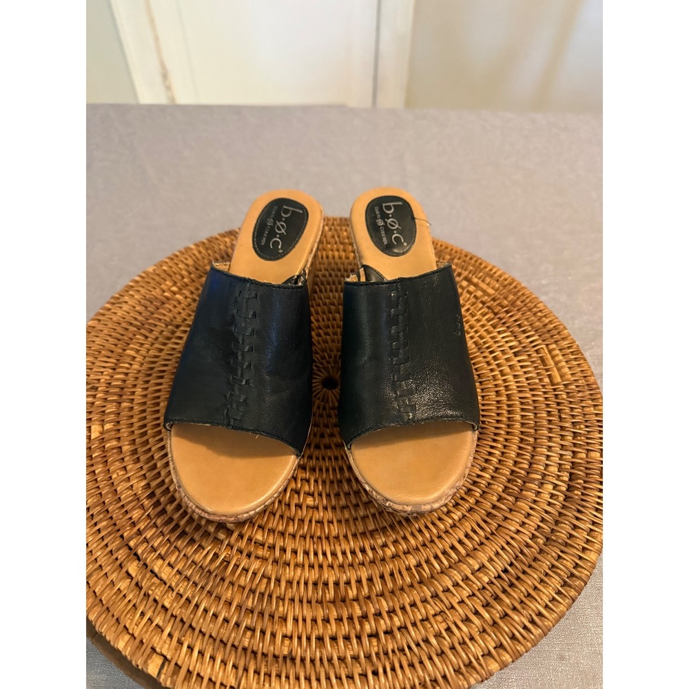 B.O.C. Born Concept Black Leather Cork Wedge Sandals Slides Mules Womens 8M